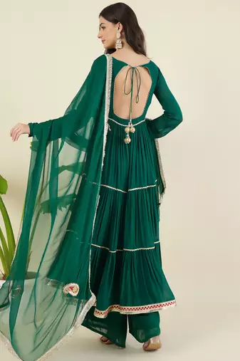 Women tiered gotta patti chanderi cotton kurta with palazzos & with dupatta
