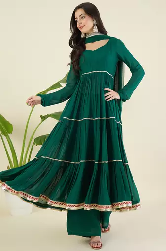 Women tiered gotta patti chanderi cotton kurta with palazzos & with dupatta