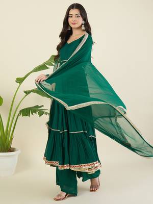 Women tiered gotta patti chanderi cotton kurta with palazzos & with dupatta 4