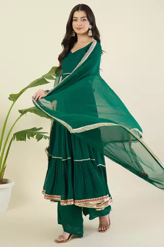 Women tiered gotta patti chanderi cotton kurta with palazzos & with dupatta