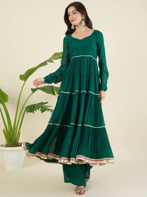 Women tiered gotta patti chanderi cotton kurta with palazzos & with dupatta 5