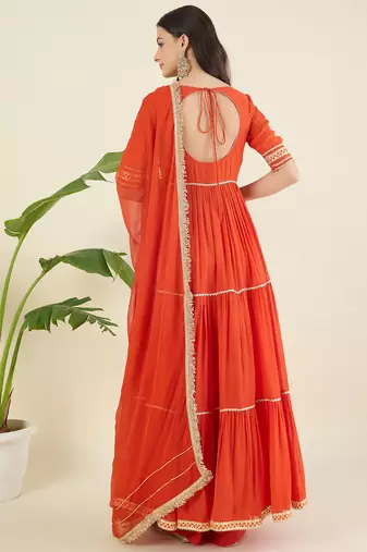 Women tiered gotta patti chanderi cotton kurta with palazzos & with dupatta