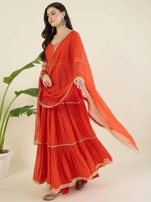 Women tiered gotta patti chanderi cotton kurta with palazzos & with dupatta 4