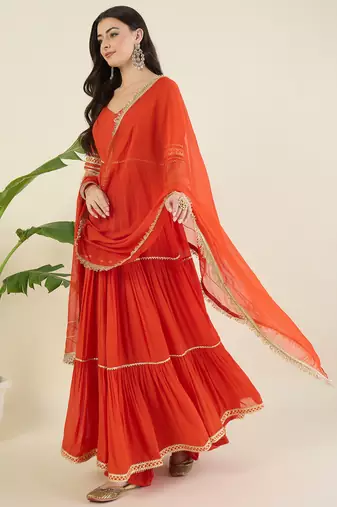 Women tiered gotta patti chanderi cotton kurta with palazzos & with dupatta