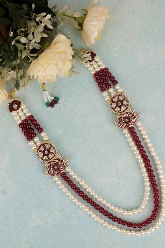 Maroon-white pearl gold plated groom sherwani mala