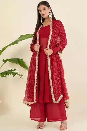 Women regular thread work kurta with palazzos & with dupatta