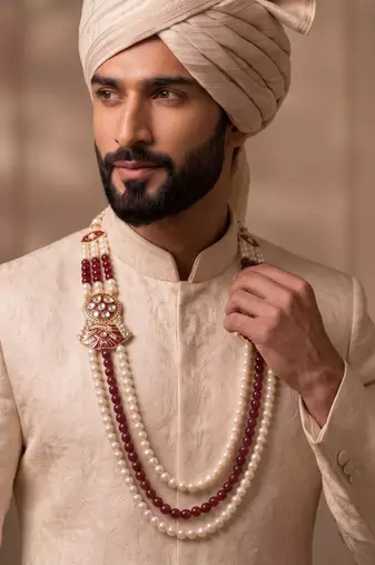 Maroon-white pearl gold plated groom sherwani mala