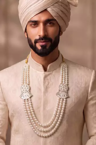 White pearl gold plated traditional sherwani mala
