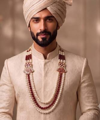 Maroon-white pearl gold plated groom sherwani mala 5