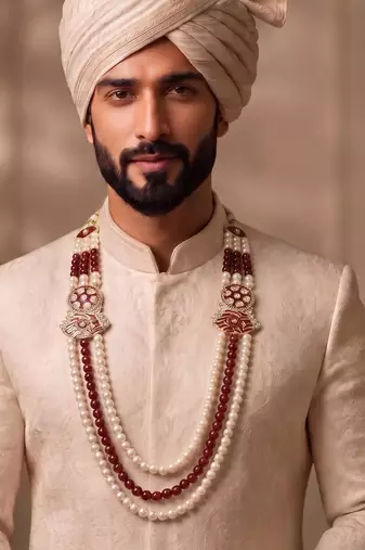 Maroon-white pearl gold plated groom sherwani mala