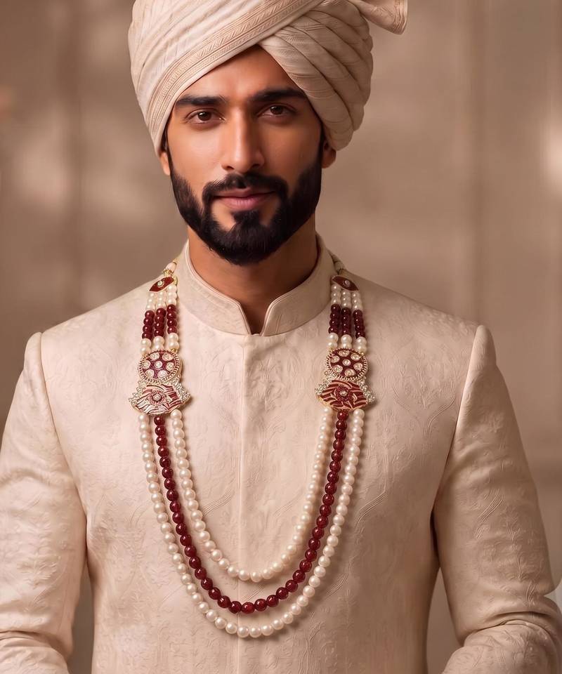 Maroon-white pearl gold plated groom sherwani mala