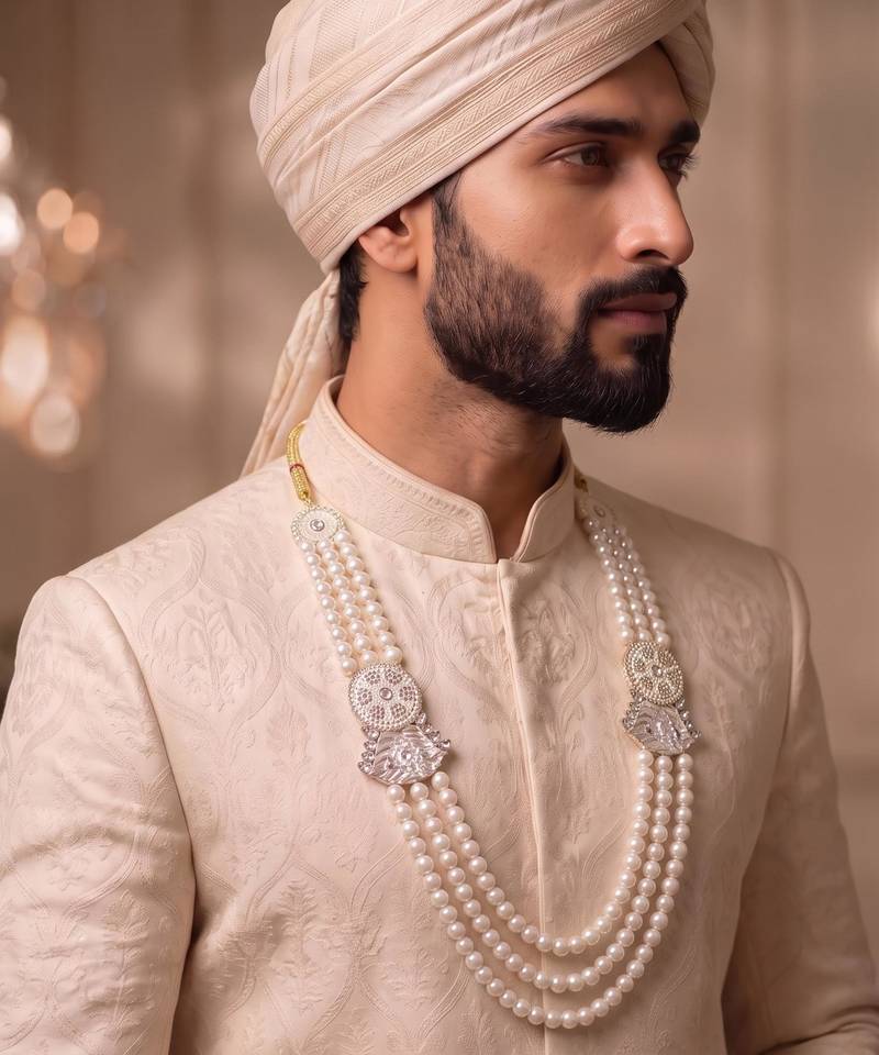 White pearl gold plated traditional sherwani mala