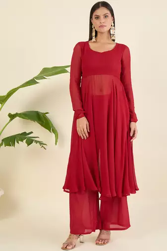 Women regular thread work kurta with palazzos & with dupatta