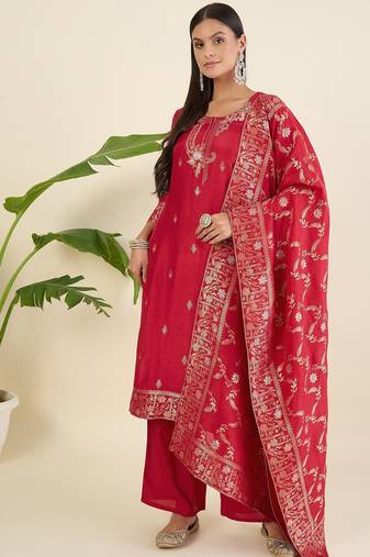 Women ethnic motifs regular pure silk kurta with trousers & with dupatta