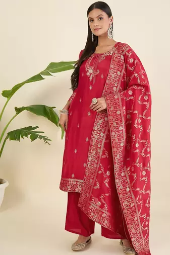 Women ethnic motifs regular pure silk kurta with trousers & with dupatta