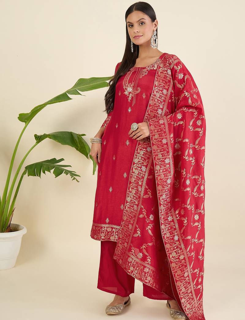 Women ethnic motifs regular pure silk kurta with trousers & with dupatta