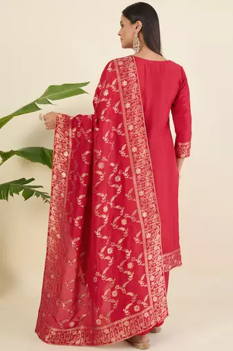 Women ethnic motifs regular pure silk kurta with trousers & with dupatta