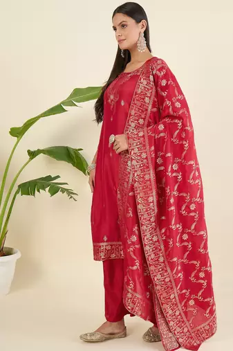 Women ethnic motifs regular pure silk kurta with trousers & with dupatta