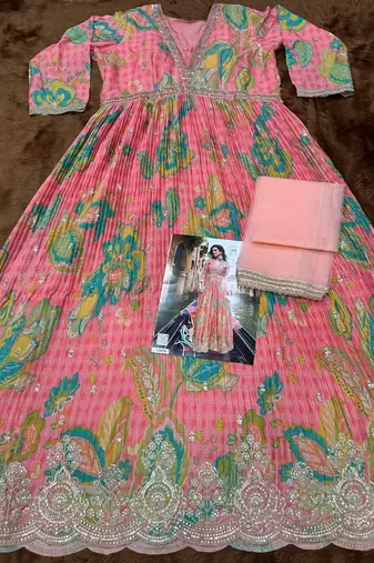 pink embroidered silk blend anarkali salwar suit