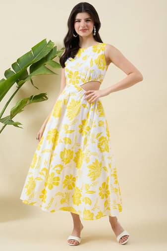 Women yellow floral print fit & flare midi dress