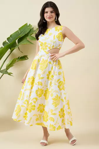 Women yellow floral print fit & flare midi dress
