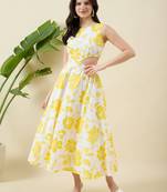 Women yellow floral print fit & flare midi dress