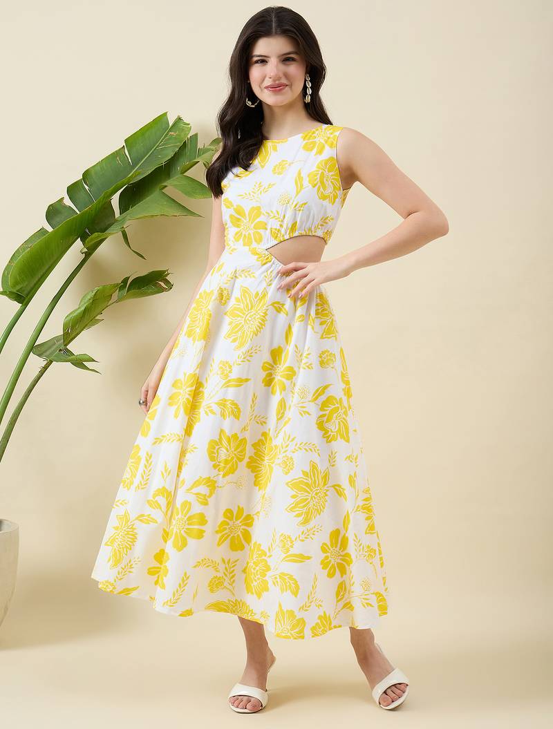 Women yellow floral print fit & flare midi dress