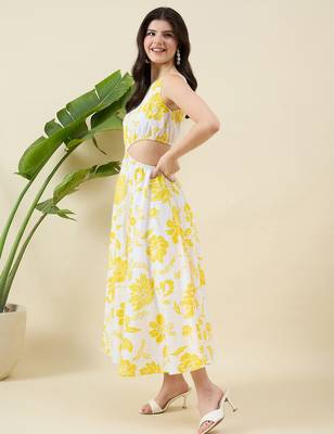 Women yellow floral print fit & flare midi dress 2