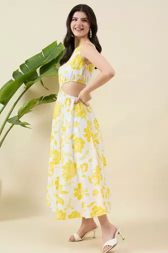 Women yellow floral print fit & flare midi dress