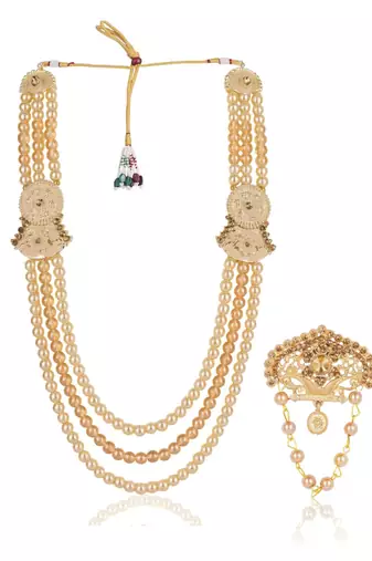 Gold pearl golden finish wedding groom sherwani mala brooch