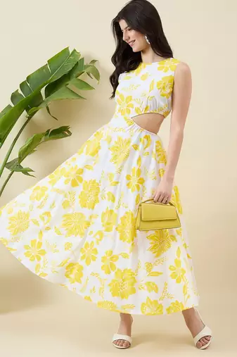 Women yellow floral print fit & flare midi dress