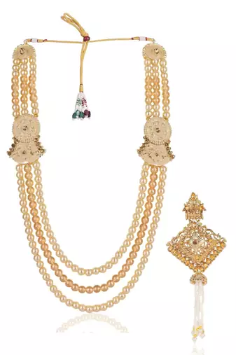 Gold pearl sherwani mala with groom brooch - gold plating