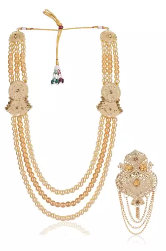 Gold pearl sherwani mala groom brooch - gold finish