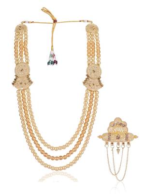 Gold pearl gold plated wedding groom mala with brooch 1