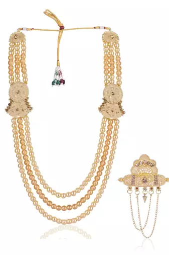 Gold pearl gold plated wedding groom mala with brooch