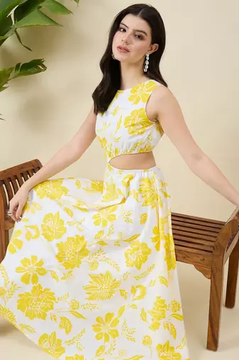 Women yellow floral print fit & flare midi dress
