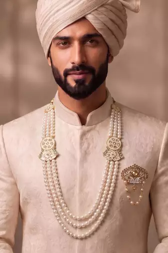 White pearl golden plated sherwani mala with brooch