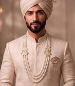 White pearl golden plated sherwani mala with brooch