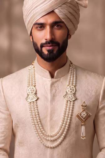 White pearl gold finish traditional wedding groom mala-brooch