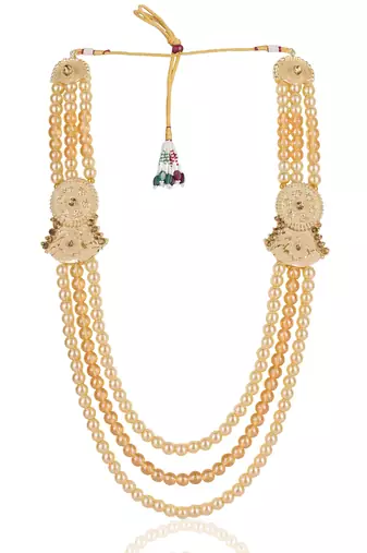 Gold pearl sherwani mala with groom brooch - gold plating