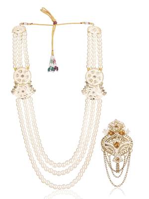 White pearl golden finish wedding groom sherwani mala brooch 1