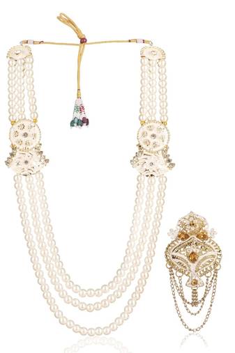 White pearl golden finish wedding groom sherwani mala brooch
