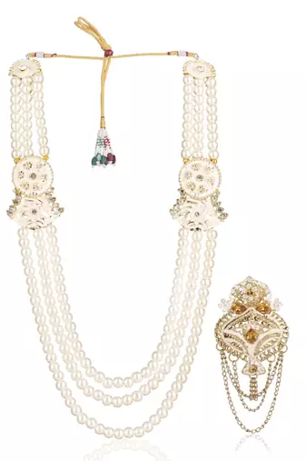White pearl golden finish wedding groom sherwani mala brooch