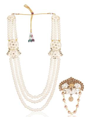 White pearl golden plated sherwani mala with brooch 2