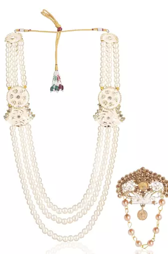 White pearl golden plated sherwani mala with brooch