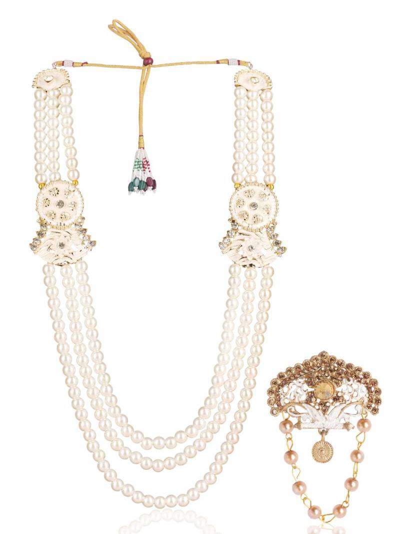 White pearl golden plated sherwani mala with brooch