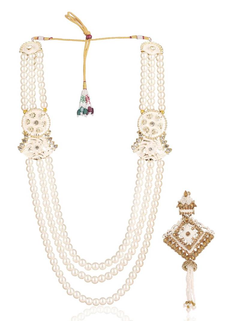 White pearl gold finish traditional wedding groom mala-brooch