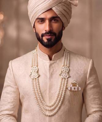 White pearl gold finish traditional groom mala with brooch 1