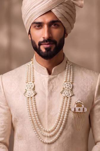White pearl gold finish traditional groom mala with brooch