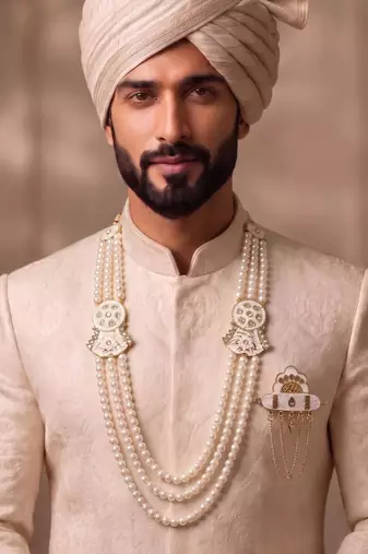 White pearl gold finish traditional groom mala with brooch